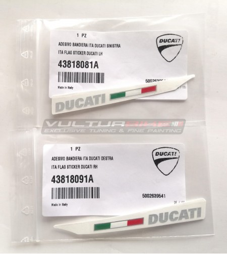 Coppia di adesivi originali Ducati alluminio spazzolato con bandiera